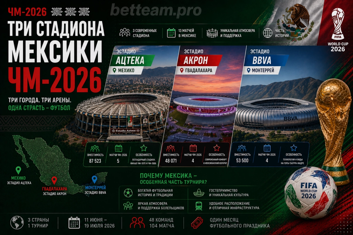 Три стадиона ЧМ-2026 в Мексике &mdash; Эстадио Ацтека, Эстадио Акрон, Эстадио BBVA