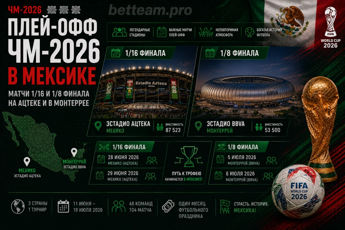 Плей-офф ЧМ-2026 в Мексике &mdash; матчи 1/16 и 1/8 финала на Ацтеке и в Монтеррее
