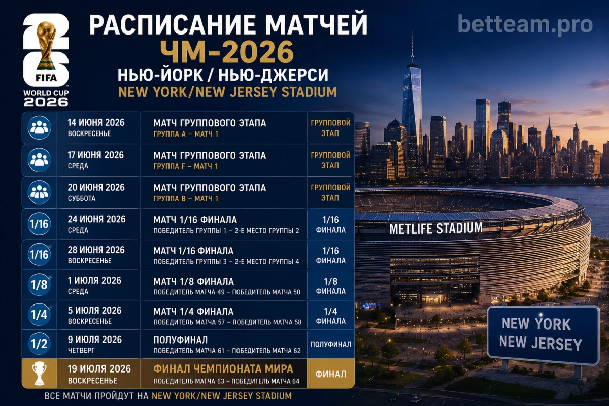 Расписание матчей ЧМ-2026 в Нью-Йорке и Нью-Джерси на New York/New Jersey Stadium