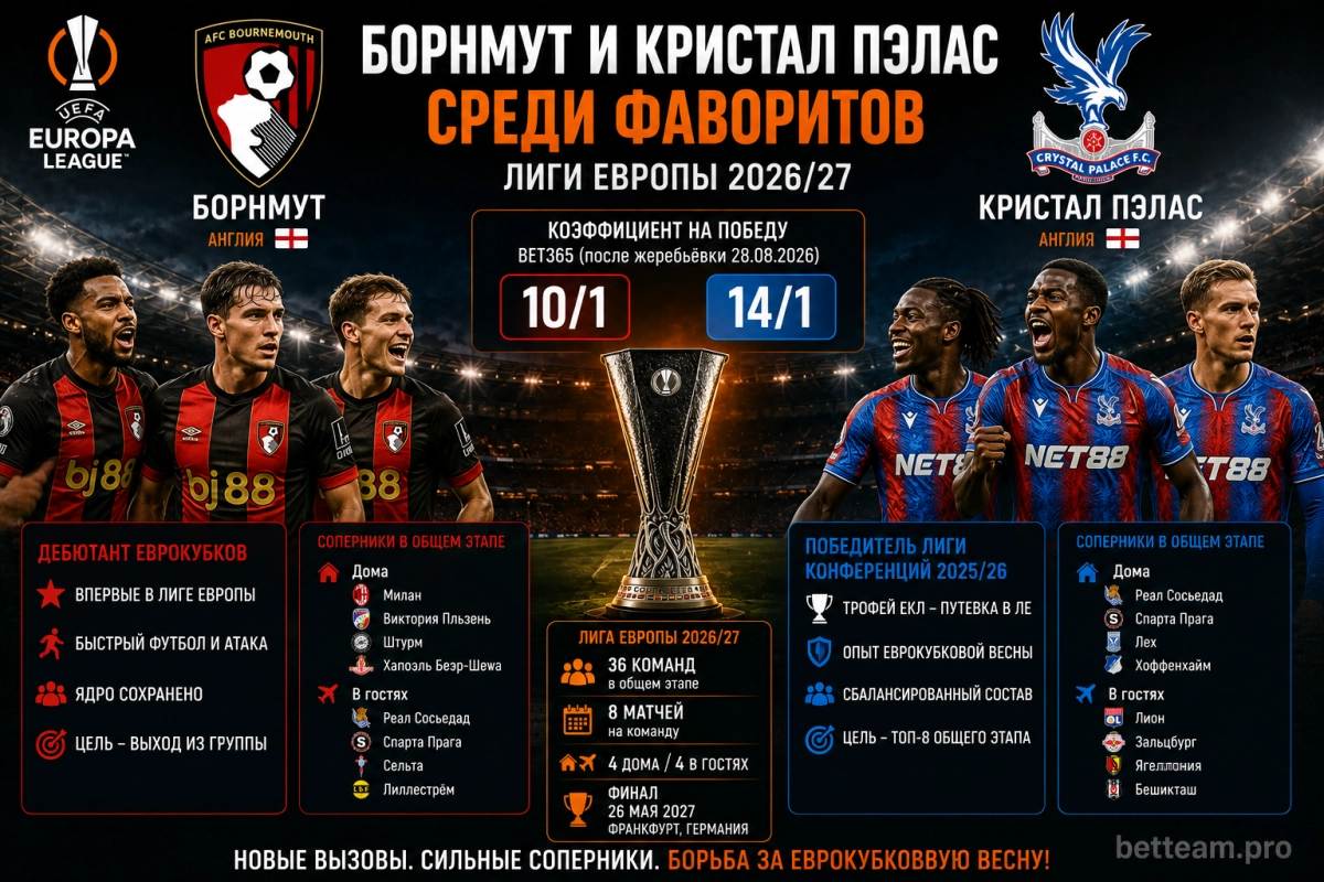 Борнмут и Кристал Пэлас среди фаворитов Лиги Европы 2026/27