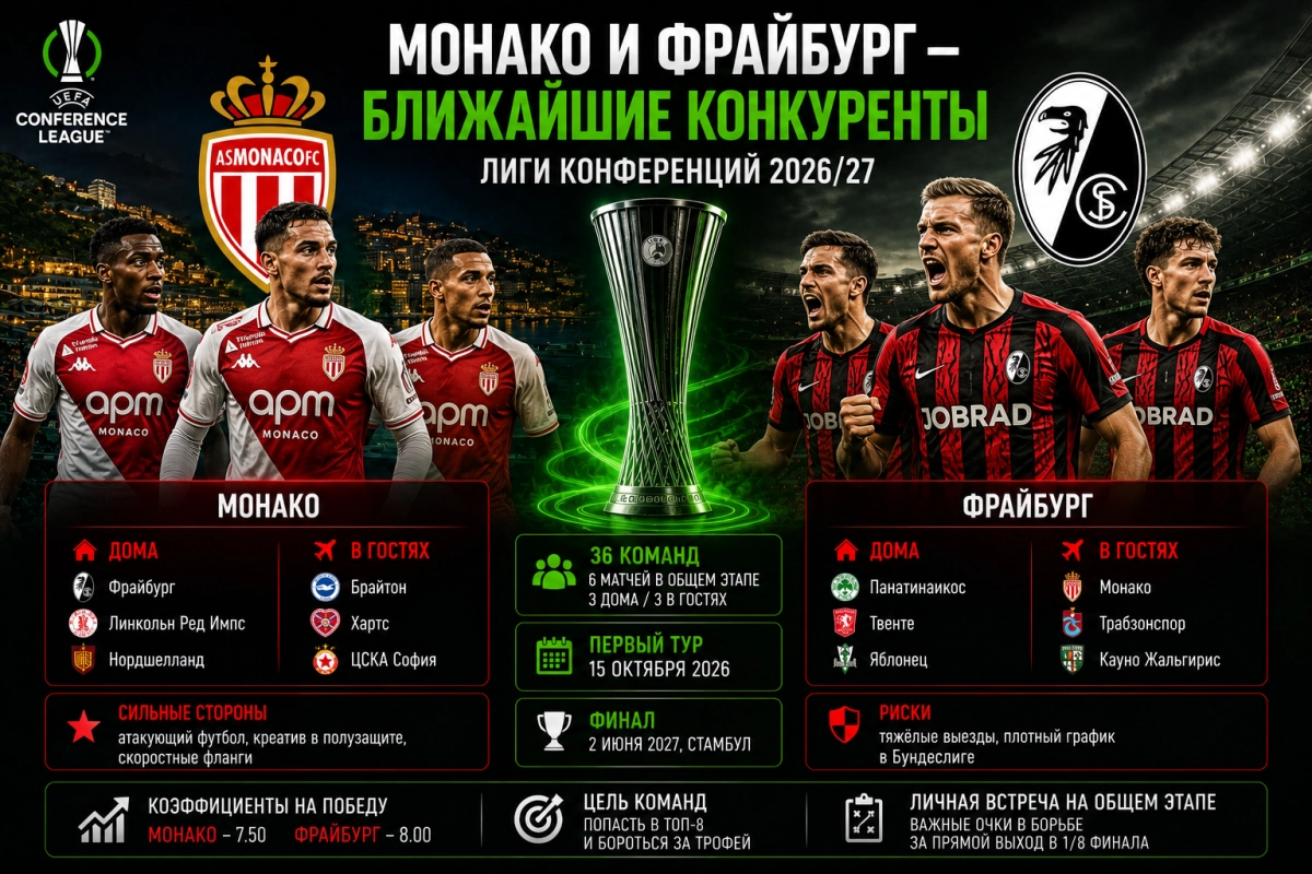 Монако и Фрайбург среди фаворитов Лиги конференций 2026/27