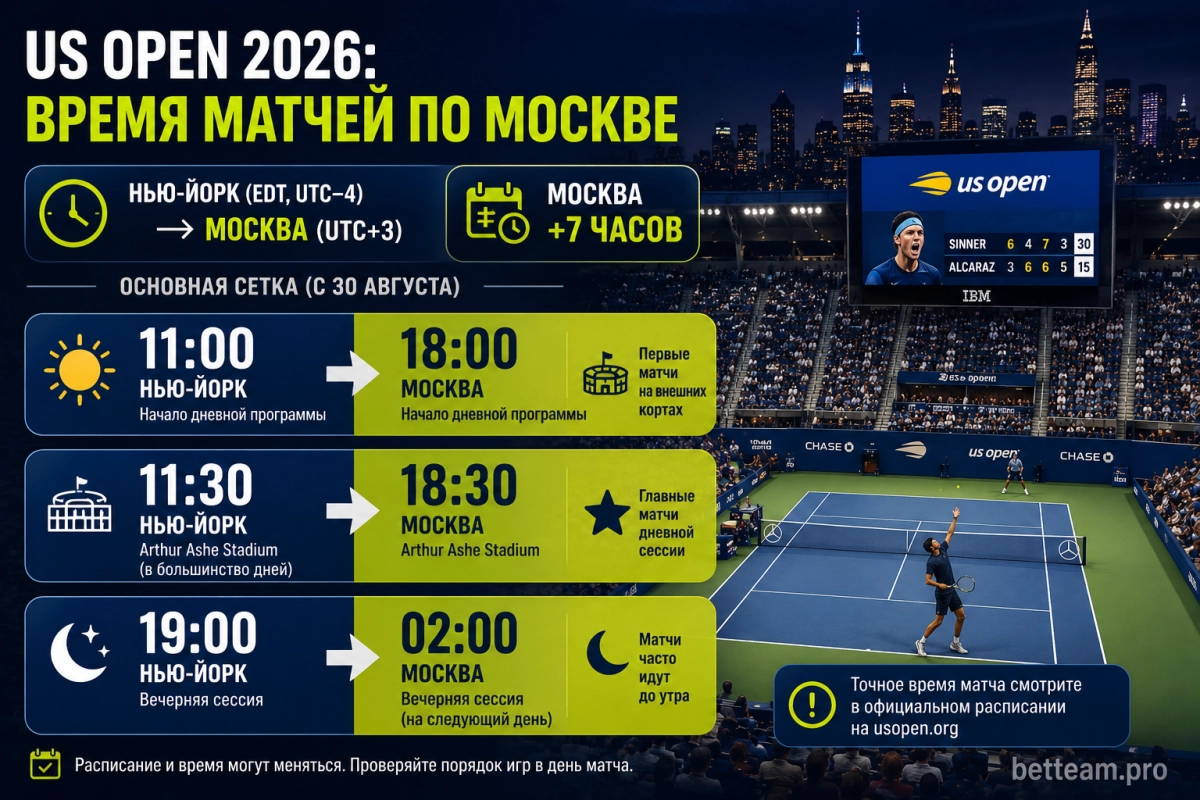 Время матчей US Open 2026 по Москве
