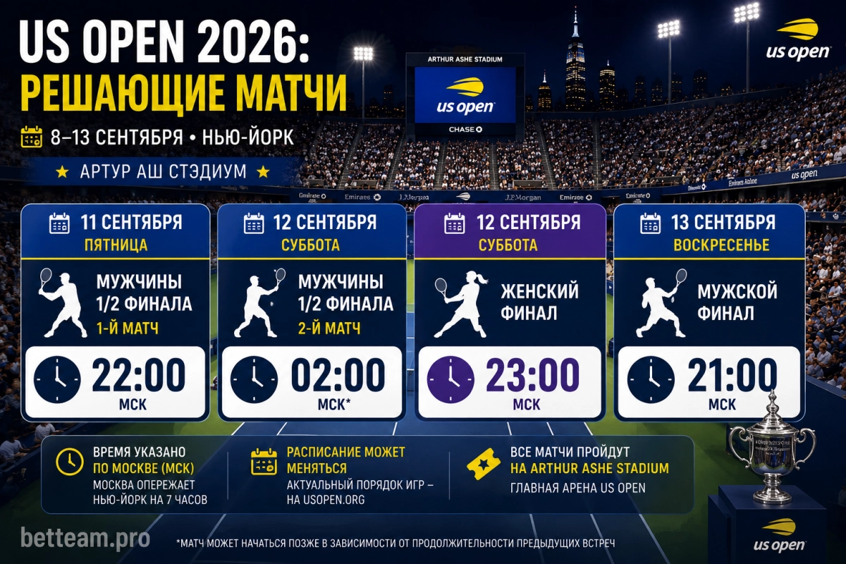 Расписание решающих матчей US Open 2026