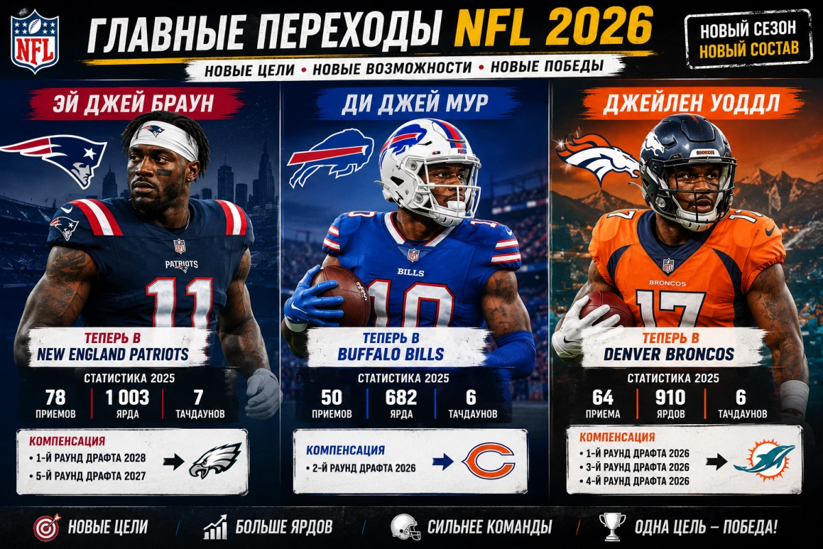 Эй Джей Браун, Ди Джей Мур и Джейлен Уоддл &mdash; главные переходы NFL 2026