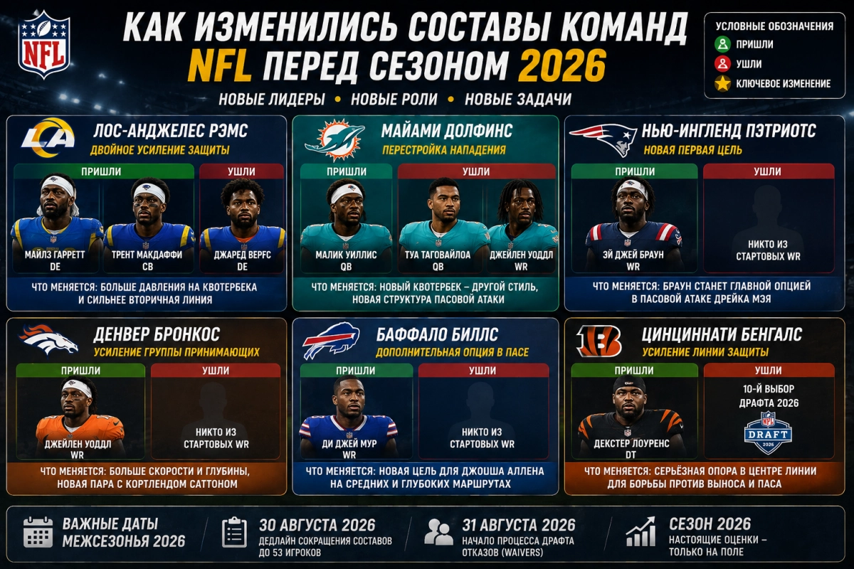 Как изменились составы команд NFL перед сезоном 2026