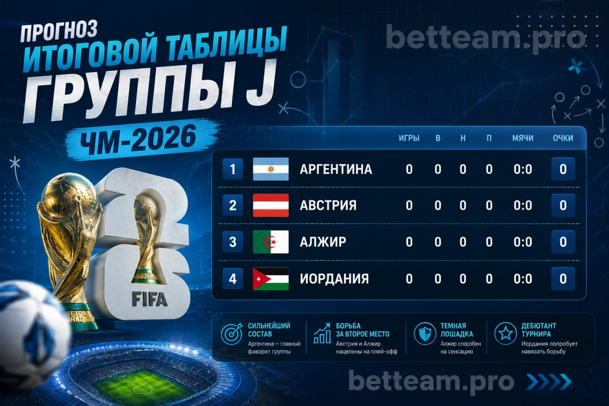 Прогноз итоговой таблицы группы J ЧМ-2026: Аргентина, Австрия, Алжир, Иордания