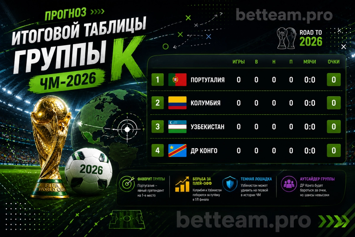 Прогноз итоговой таблицы группы K ЧМ-2026