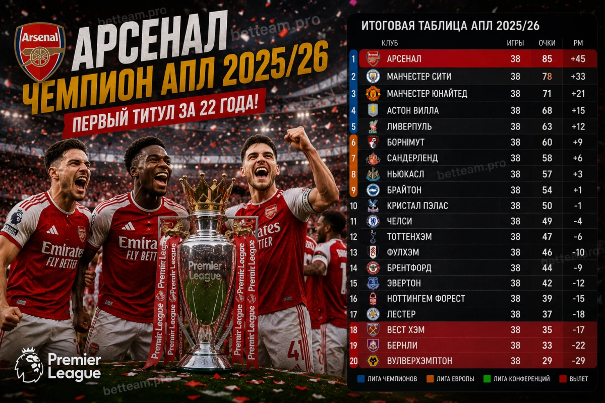Арсенал чемпион АПЛ 2025/26 и итоговая таблица сезона
