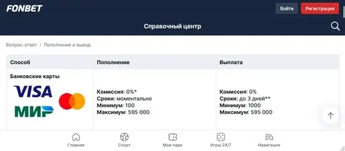 Пополнение Фонбет банковской картой