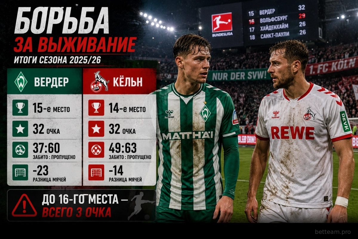 Вердер и Кёльн в борьбе за сохранение места в Бундеслиге