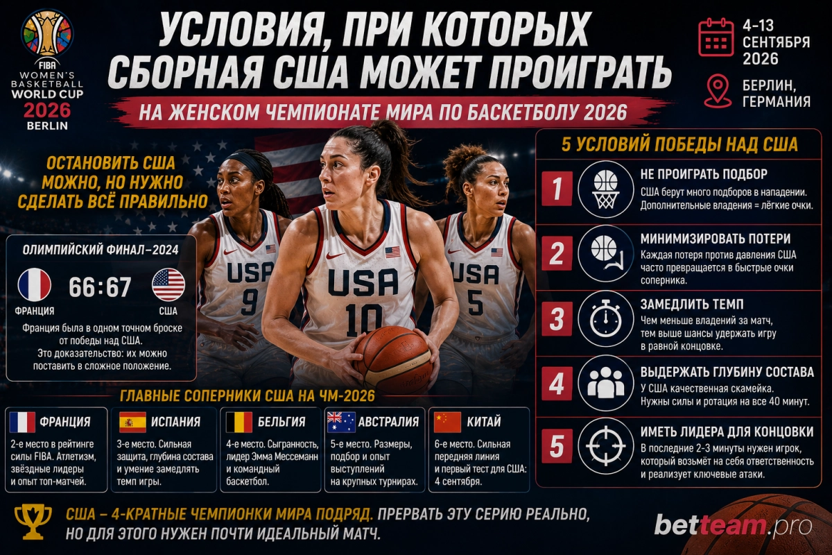 Условия, при которых сборная США может проиграть на женском чемпионате мира по баскетболу 2026