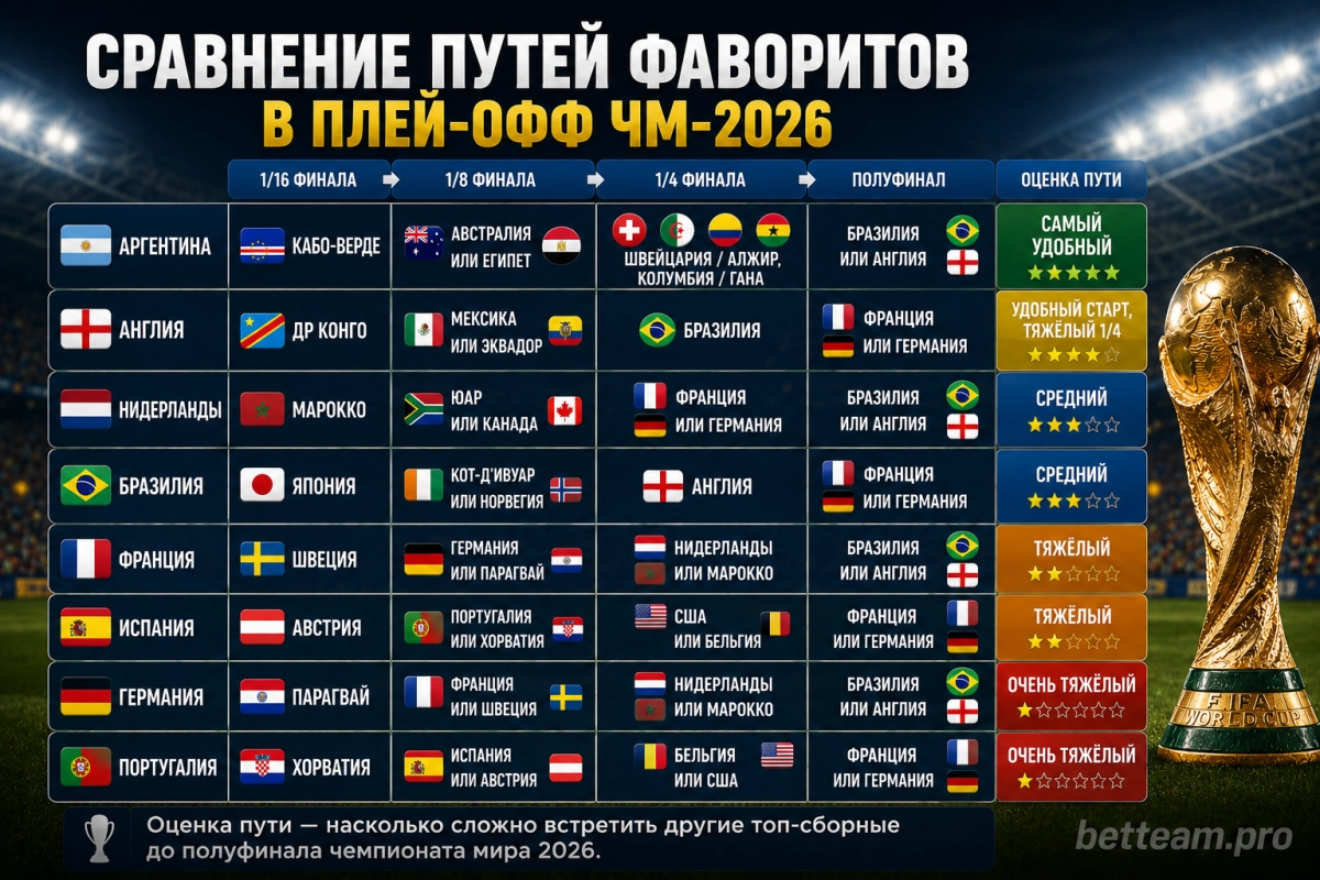 Сравнение путей фаворитов в плей-офф ЧМ-2026