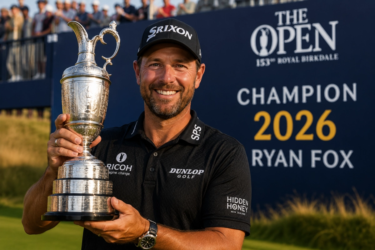 Райан Фокс с кубком Claret Jug после победы на The Open 2026