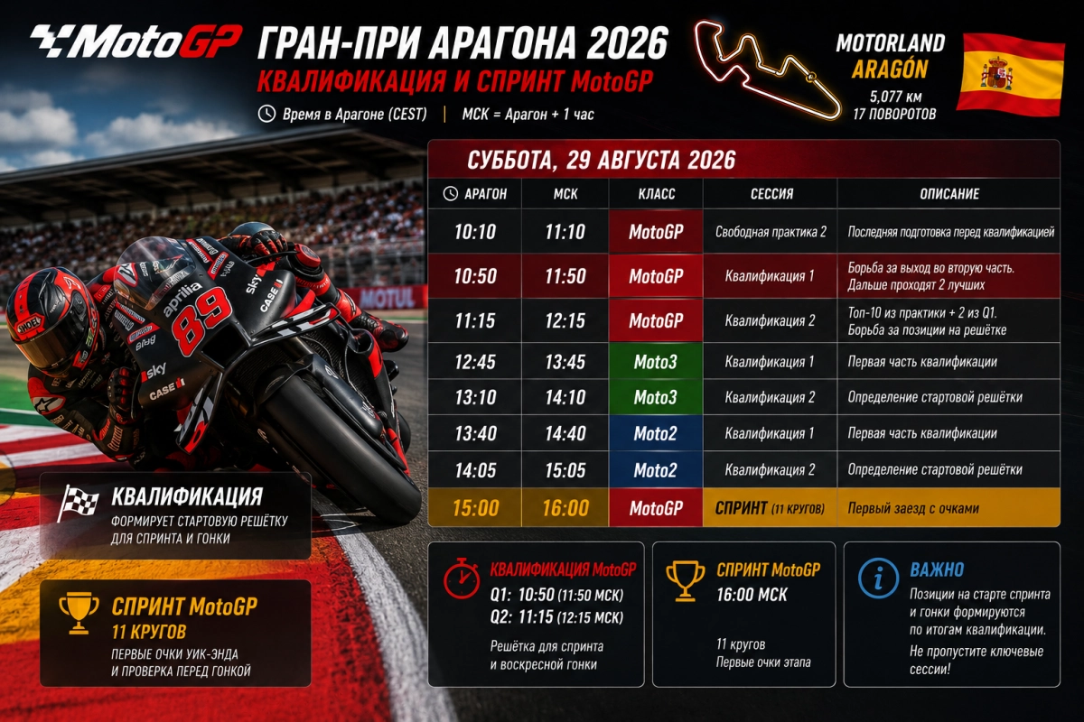 Квалификация и спринт MotoGP в Арагоне 2026