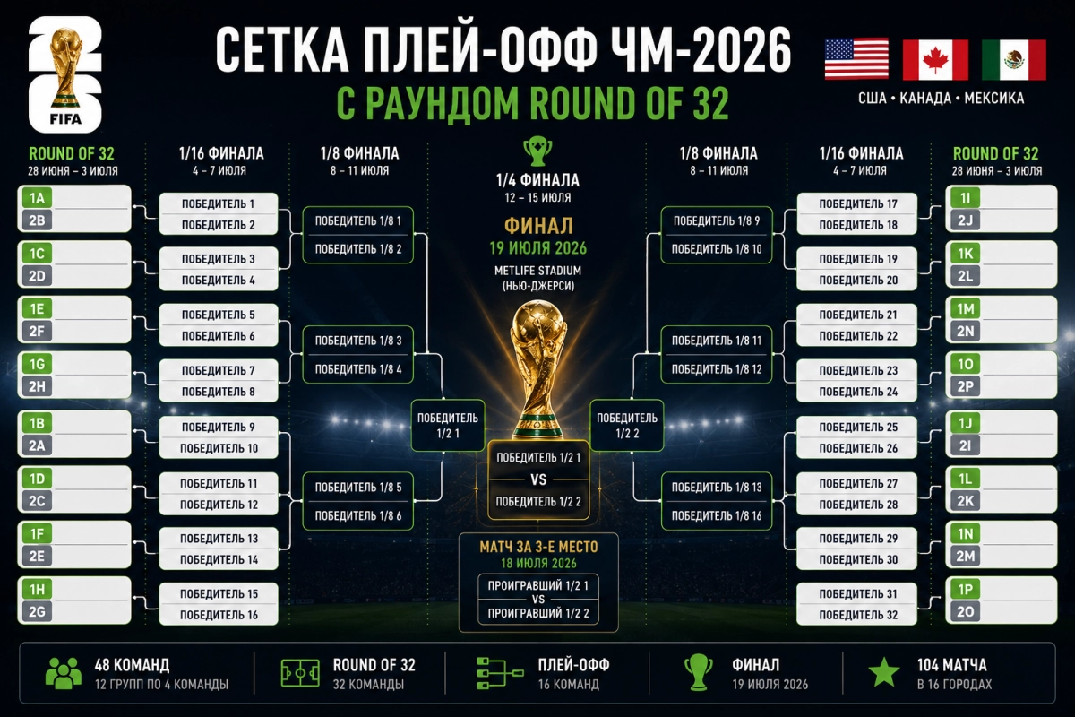 Сетка плей-офф ЧМ-2026 с раундом Round of 32