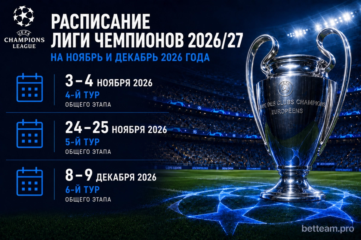Расписание Лиги чемпионов на ноябрь и декабрь 2026 года