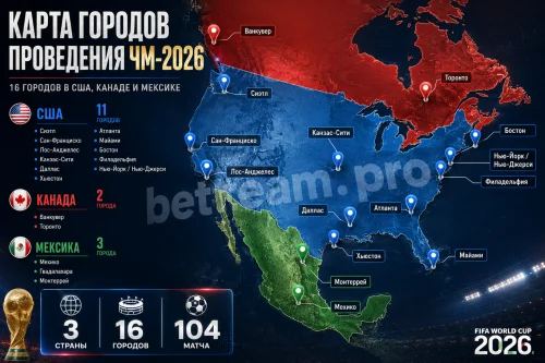 Карта городов проведения ЧМ-2026 в США, Канаде и Мексике