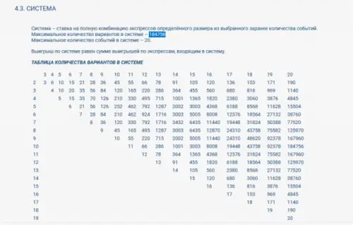 Сравнение систем ставок и количество комбинаций