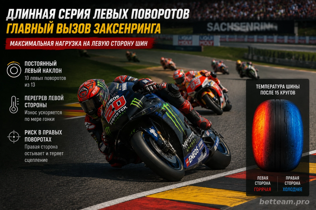 Левые повороты Sachsenring и нагрузка на шины MotoGP