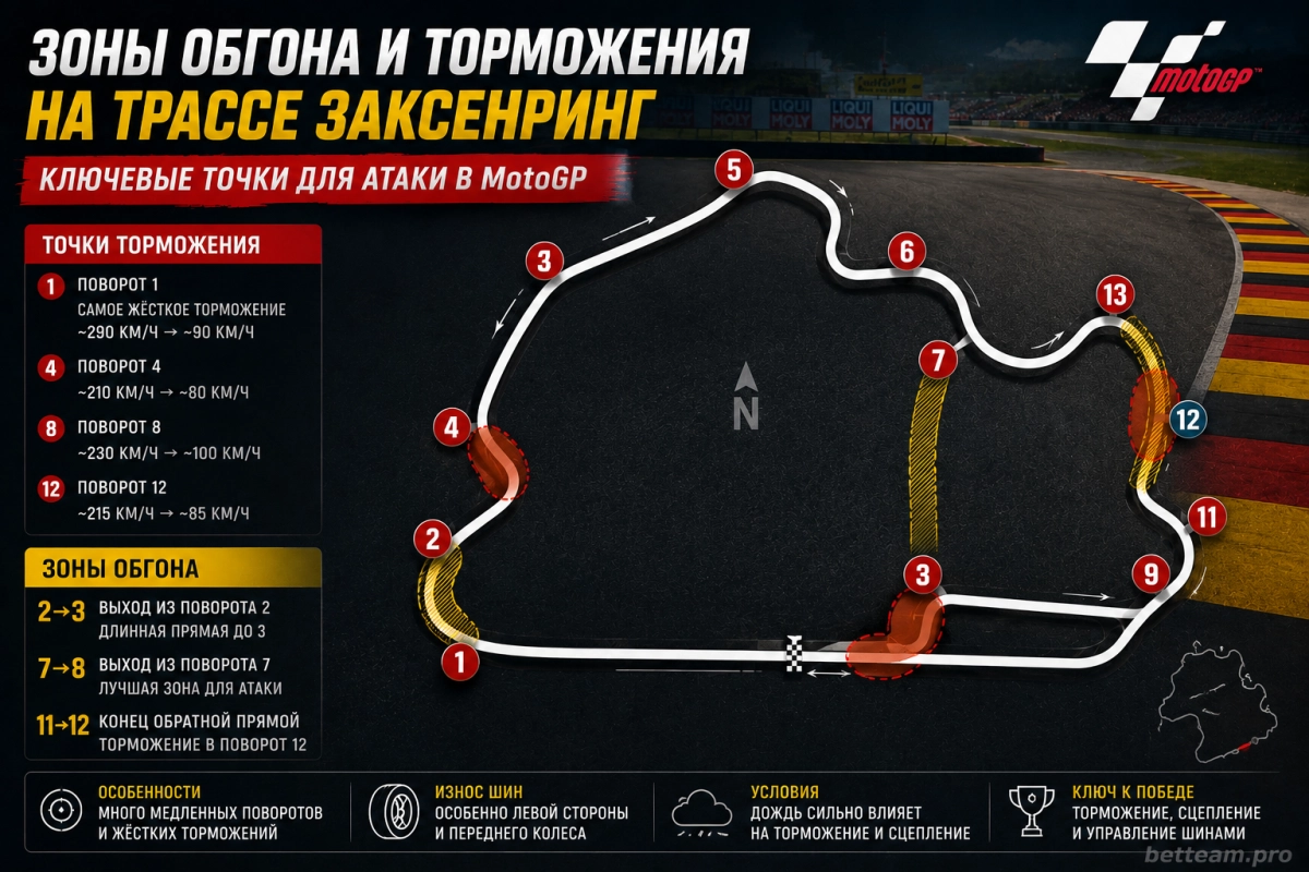 Зоны обгона и торможения на трассе Заксенринг