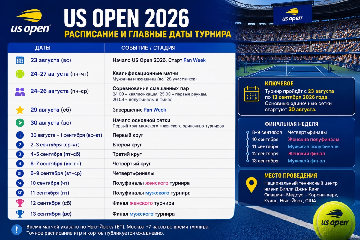 Расписание US Open 2026 и главные даты турнира