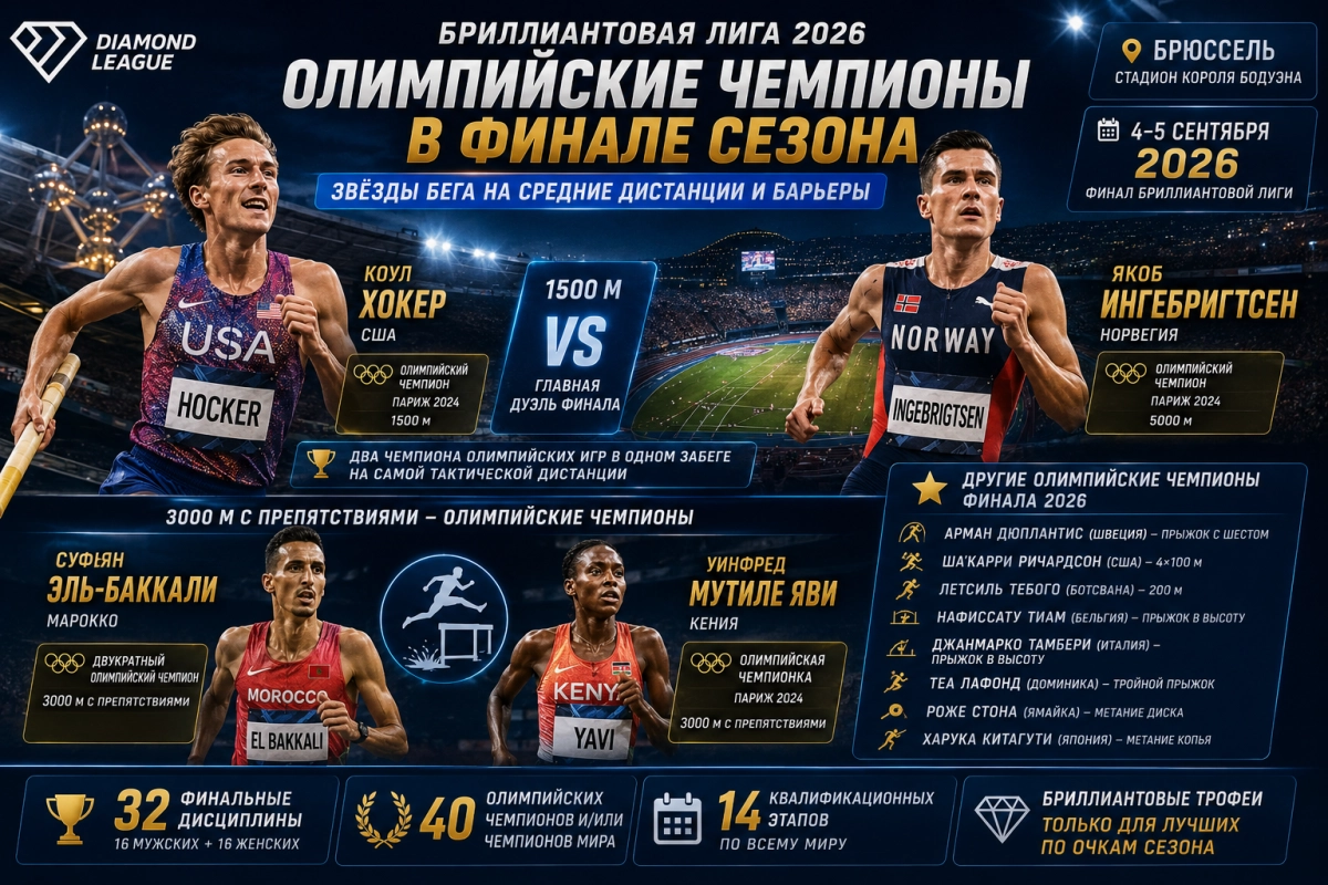 Хокер, Ингебригтсен и олимпийские чемпионы финала Бриллиантовой лиги 2026
