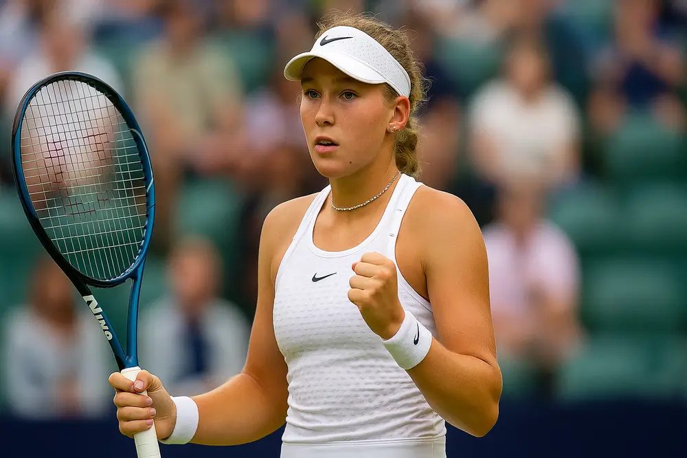 Мирра Андреева во время матча турнира WTA в Берлине с ракеткой в руках