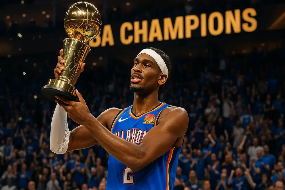 Шэй Гилджес-Александер держит трофей MVP финала НБА после победы Оклахомы в седьмой игре