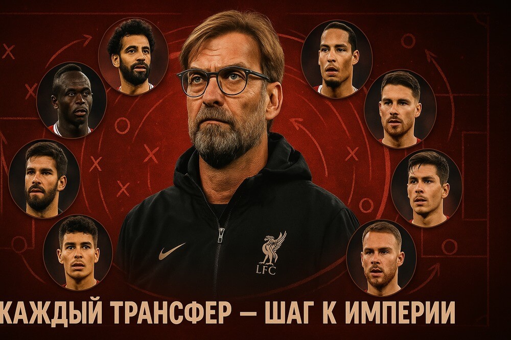 Юрген Клопп в центре, окружённый ключевыми трансферами «Ливерпуля» — от Салаха до Собослая, на фоне тактической доски с надписью «Каждый трансфер — шаг к империи»