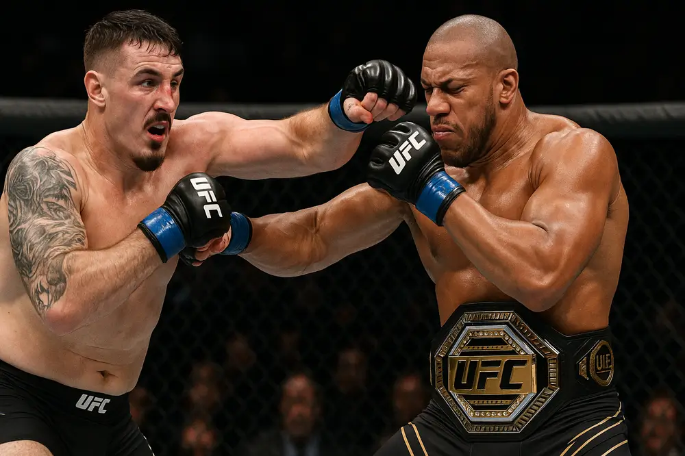 Том Аспиналл и Сирил Ган на staredown перед титульным боем UFC — Волков вне титульника
